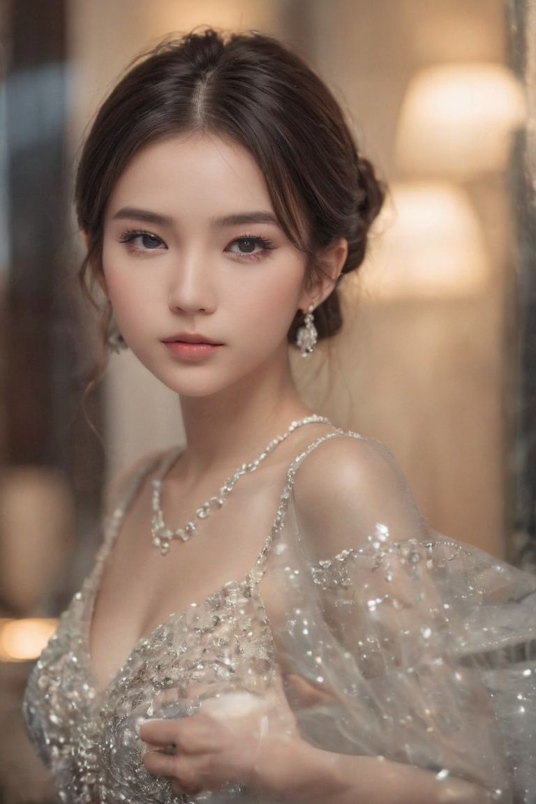 cinematic film still ((distortions behind the glass)), a Chinese girl, Beaded gown, diamond drop earrings, crystal clutch, satin pumps, <lora:SDXL_Glass_Sa_May:0.95> . shallow depth of field, vignette, highly detailed, high budget, bokeh, cinemascope, moody, epic, gorgeous, film grain, grainy