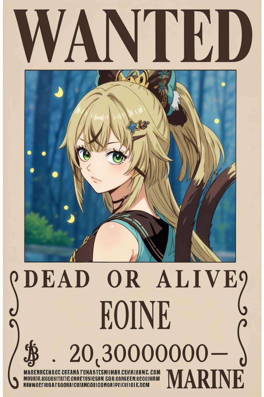 (best quality, masterpiece:1.2),1girl,haizeiwang/\(wanted/\),<lora:wanted poster:0.7>,(navigation:1.1),<lora:Genshin_Kirara_AP_v3:0.8>,1girl,green eyes,official,two tails,paw,