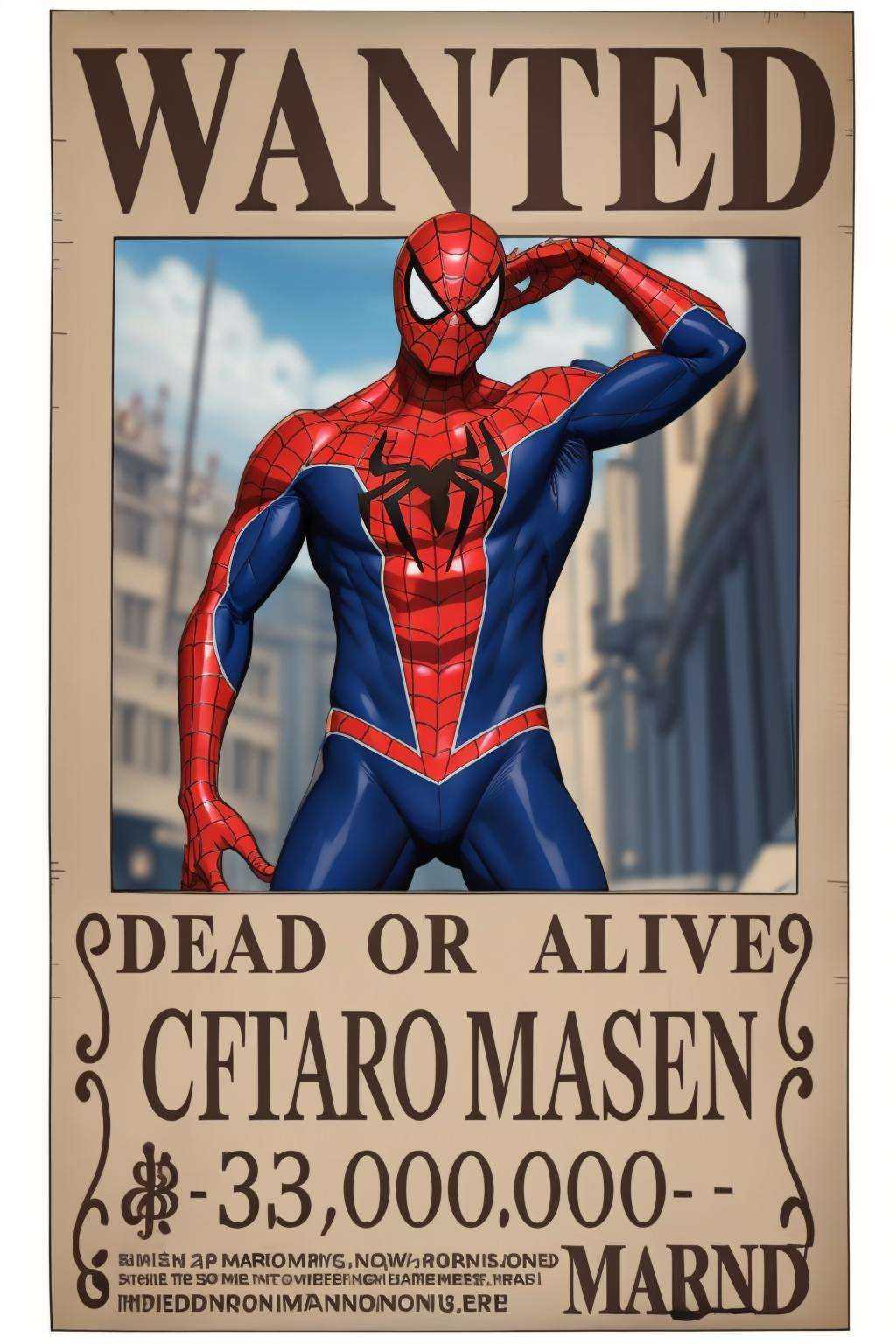 (best quality, masterpiece:1.2),1girl,haizeiwang/\(wanted/\),<lora:wanted poster:0.7>,(navigation:1.1),<lora:Spiderman-KK77-V1:0.8>,Spiderman,