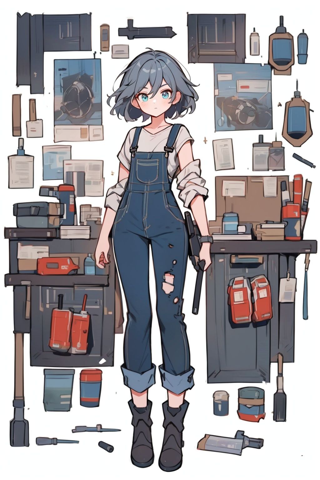 cute girl with short hair in white mechanics overalls but top half is undressed, she is repairing a broken mecha on the ground, (full body), 1girl, this is inside a workshop with tools, canisters, metal parts, auto parts, cg art, bright colours, absurdres, (white background), ,fu hua