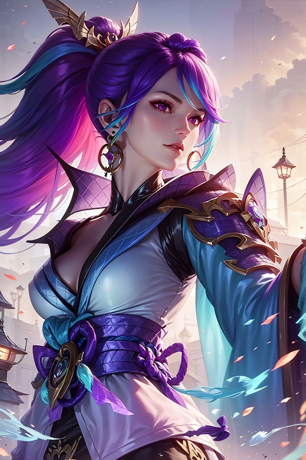 1girl, solo, long hair, bangs, hair ornament, jewelery, ponytail, purple hair, multicolored hair, earrings, purple eyes, breast, official alternate costum,hanabot, <lora:EMS-20526-EMS:0.8>