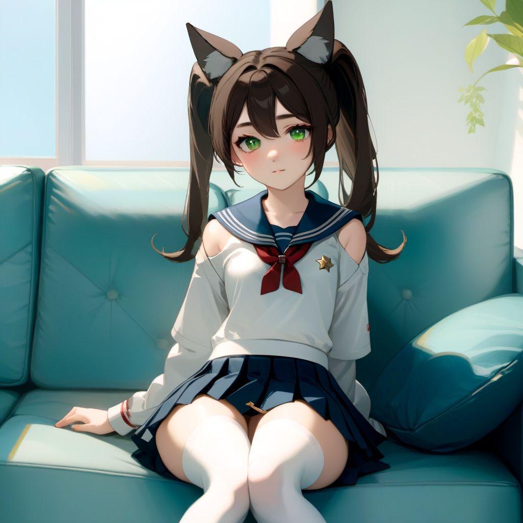 1girl,tingyun, solo, brown hair, animal ears, ponytail, hair ornament,green eyes, red eyeshadow, detailed face and eyes,a 16 years old girl,detailed face,(long hair:1.1),solo,shiny skin,shiny hair,(parted lips:0.7), medium breasts,(upturned eyes:1.1),light smile,
,indoors,couch,on couch,star \(sky\),(school uniform ,sailor collar,   ,skirt,white thighhighs :1.1) ,arms behind back,(sitting:1.1)
,light on face,,hdr,bloom,(closed mouth:1),
, (masterpiece, best quality:1.4),(octane render:0.85) ,highres
