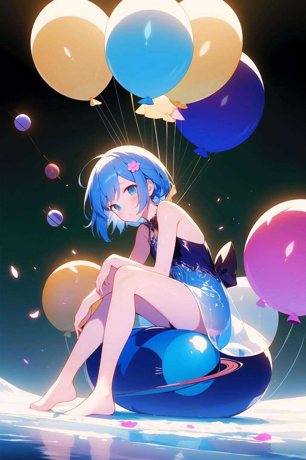 ([balloons:Small planets:0.5]:1.4), (Small_planets inside of balloons:1.4), (lots of colorful Small_planets:1.35)(colorful planets, earth, floating petals, big balloons:1.22),1 girl, cute face,Full body, sitting, detailed beautiful eyes, bare legs, costume combination, Goddess, perfect body, [nsfw:0.88](sitting on ice_planet:1.22)(lots of [floting blue Butterflies:floting ice:0.4]:1.22)(detailed light), (an extremely delicate and beautiful), volume light, best shadow,cinematic lighting, Depth of field, dynamic angle, Oily skin, <lora:103423215:1>