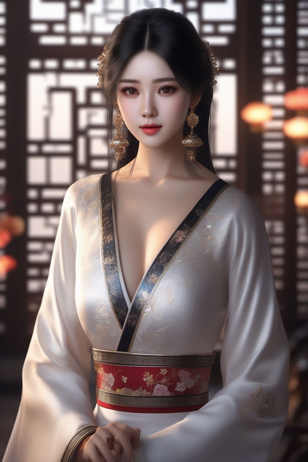 1girl, black_hair, breasts, brown_eyes, chinese_clothes, cleavage, dress, hair_ornament, jewelry, letterboxed, lips, long_hair, makeup, medium_breasts, solo, upper_body, white_dress,earrings,facial_mark，ultra realistic,8k,cg,movie light effect,(masterpiece:1.3),(surreal style:1.3),best quality,Depth of field,extremely detailed wallpaper,Ultra HD,incredibly absurdres,best quality, <lora:liushen-xl:1> 