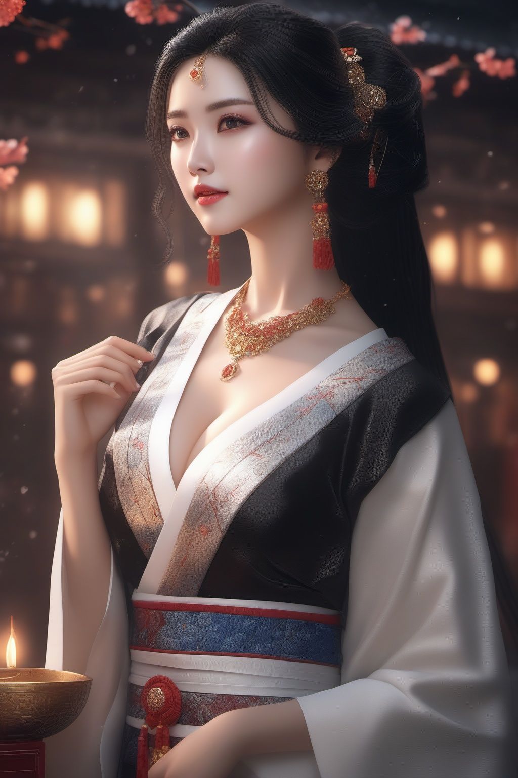 1girl, black_hair, breasts, brown_eyes, chinese_clothes, cleavage, dress, hair_ornament, jewelry, letterboxed, lips, long_hair, makeup, medium_breasts, solo, upper_body, white_dress,earrings,facial_mark，ultra realistic,8k,cg,movie light effect,(masterpiece:1.3),(surreal style:1.3),best quality,Depth of field,extremely detailed wallpaper,Ultra HD,incredibly absurdres,best quality, <lora:liushen-xl:1> 