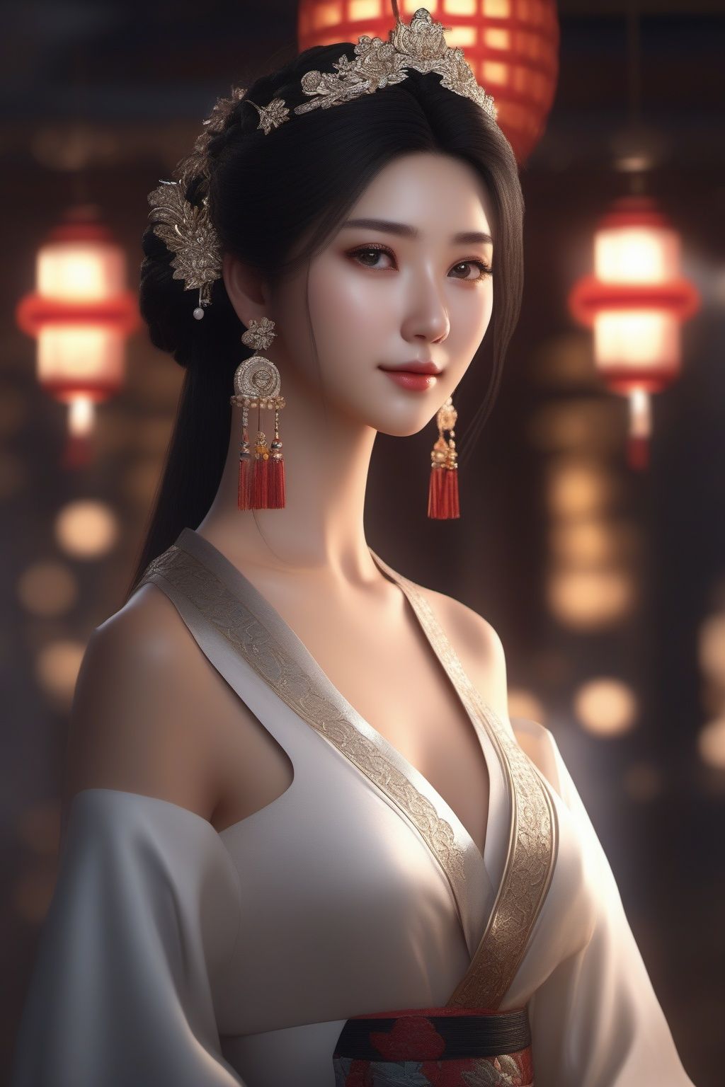 1girl, black_hair, breasts, brown_eyes, chinese_clothes, cleavage, dress, hair_ornament, jewelry, letterboxed, lips, long_hair, makeup, medium_breasts, solo, upper_body, white_dress,earrings,facial_mark，ultra realistic,8k,cg,movie light effect,(masterpiece:1.3),(surreal style:1.3),best quality,Depth of field,extremely detailed wallpaper,Ultra HD,incredibly absurdres,best quality, <lora:liushen-xl:1> 