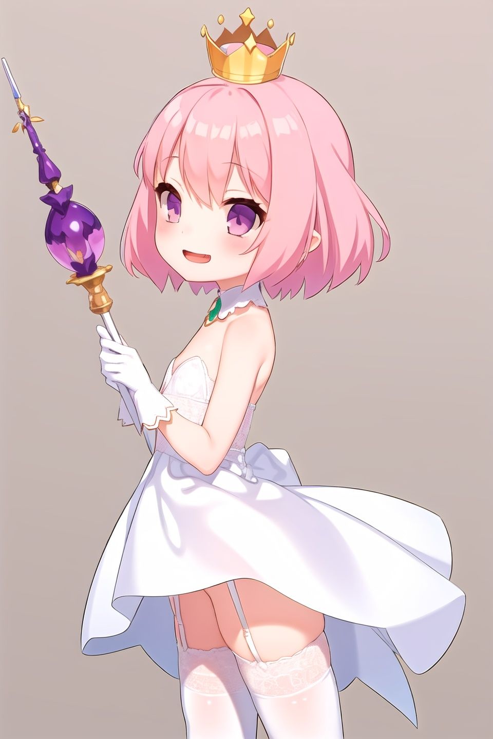 (petite:1.2),1girl,solo,standing,short hair,pink hair,ahoge,purple eyes,upper body,fancy dress,open mouth,smile,upper body,from side,(crown),(jewelry),(magic wand),white gloves,white thighhighs,garter belt,, <lora:EMS-4706-EMS:0.8>