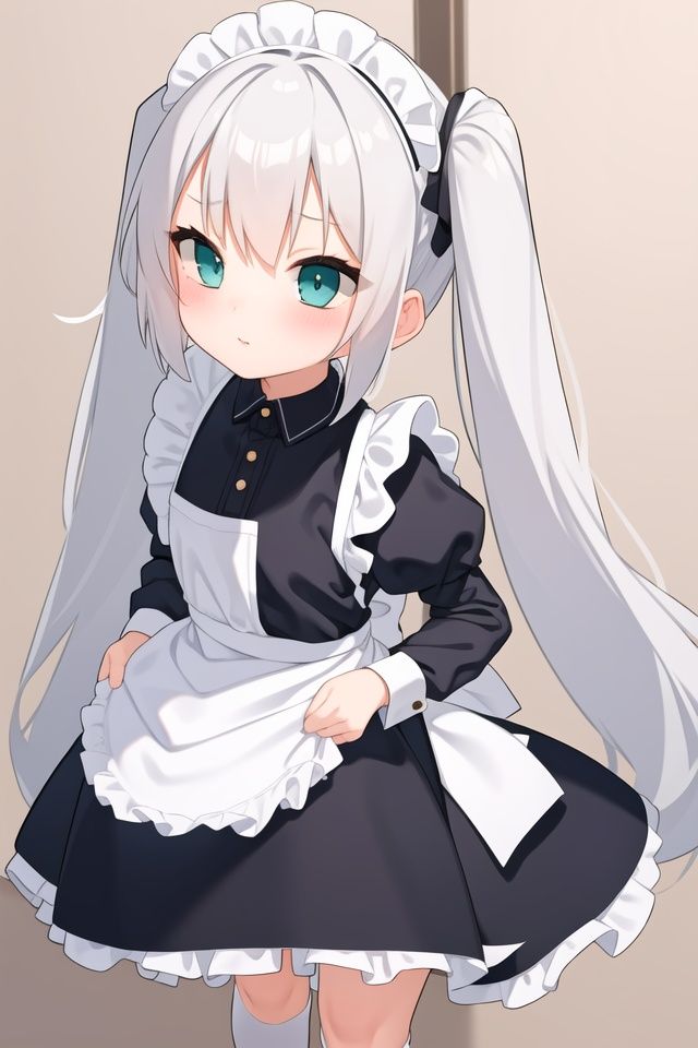 (petite:1.2),1girl,solo,long hair,white hair,aqua eyes,twintail,maid,maid apron,maid headgear,, <lora:EMS-4706-EMS:0.8>