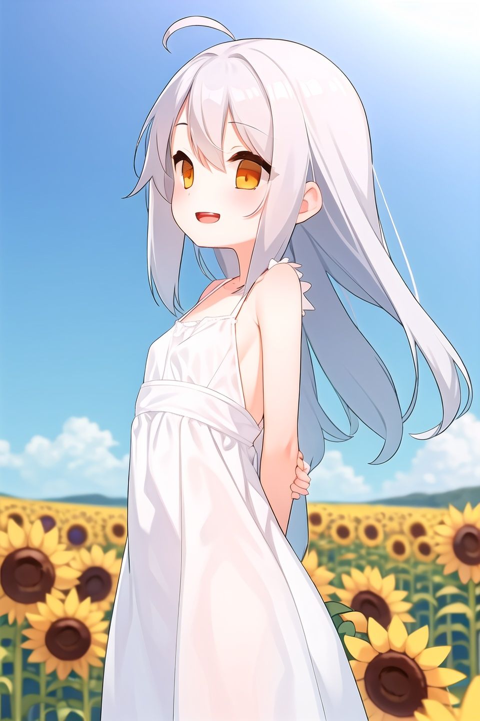 (petite:1.2),1girl,solo,,long hair,silver hair,ahoge,orange eyes,upper body,white dress,open mouth,smile,upper body,(arms behind back:1.3),from side,sunflower,field,contryside,, <lora:EMS-4706-EMS:0.8>