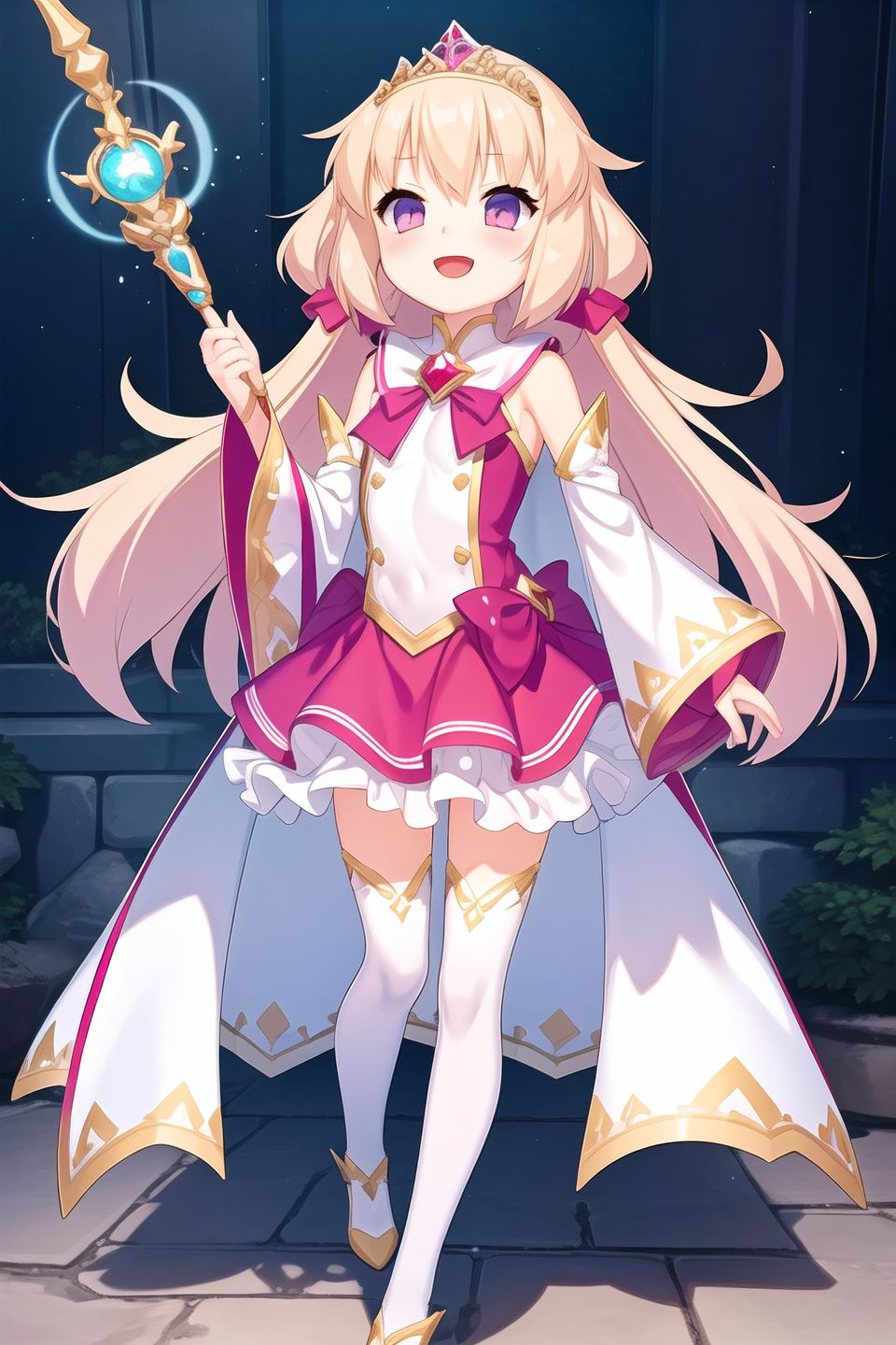 (petite:1.2),1girl,solo,magic wand,long sleeves,happy,(tiara:1.2),magical girl,official art,game cg,white legwear,detached sleeves,cape,jelwelry,, <lora:EMS-4706-EMS:0.8>