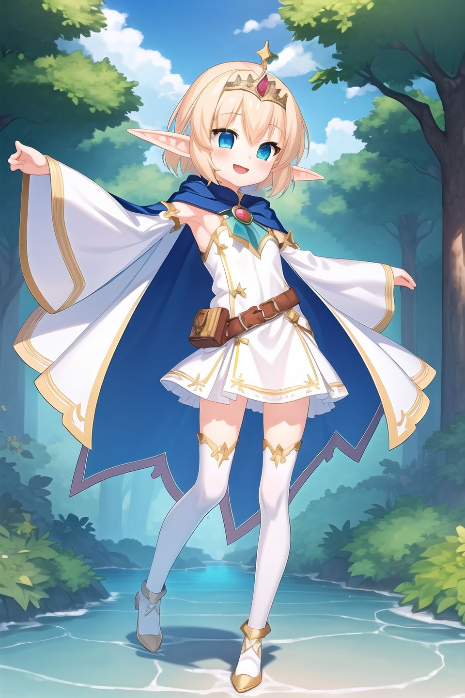 (petite:1.2),1girl,solo,long sleeves,happy,(tiara:1.2),official art,game cg,white legwear,detached sleeves,cape,jelwelry,elf,forest,lake,blue sky,, <lora:EMS-4706-EMS:0.8>