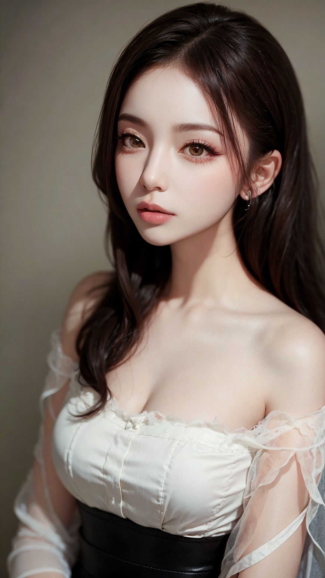 (masterpiece,best quality, ultra realistic,),  looking at viewer,  closed mouth, lips, 1girl, solo, long hair, black hair, portrait, lady, brown eyes,((tutuzz)),  <lora:tutuzz:0.75>