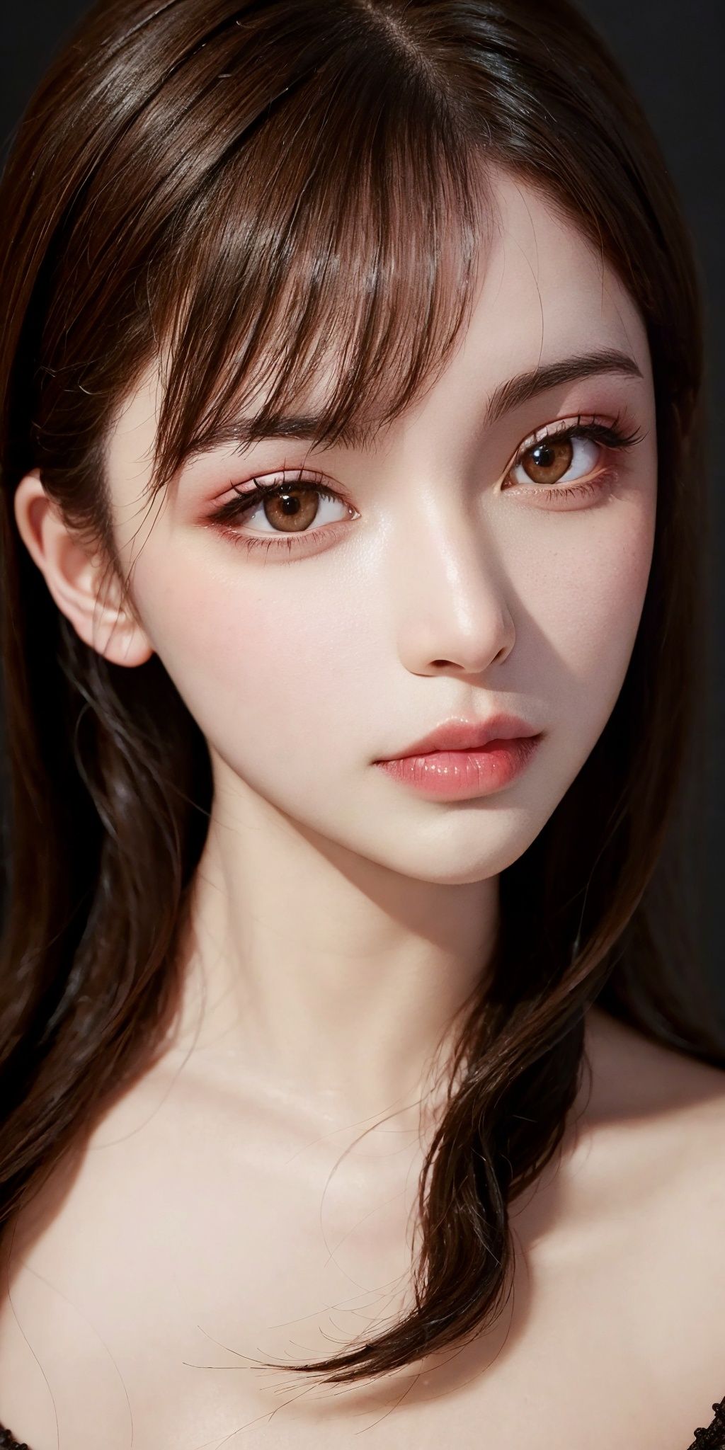 (masterpiece,best quality, ultra realistic,),looking at viewer,  closed mouth, lips, upper body,1girl, solo, long hair, black hair, portrait, lady, brown eyes,((tutuzz)),<lora:tutuzz:0.75>