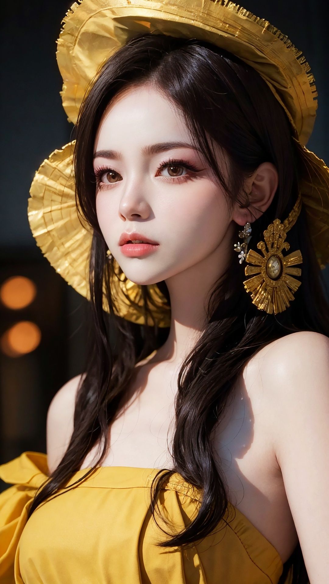 (masterpiece,best quality, ultra realistic,),  looking at viewer,  closed mouth, lips, 1girl, solo, long hair, black hair, portrait, lady, brown eyes,((tutuzz)),  <lora:tutuzz:0.75>