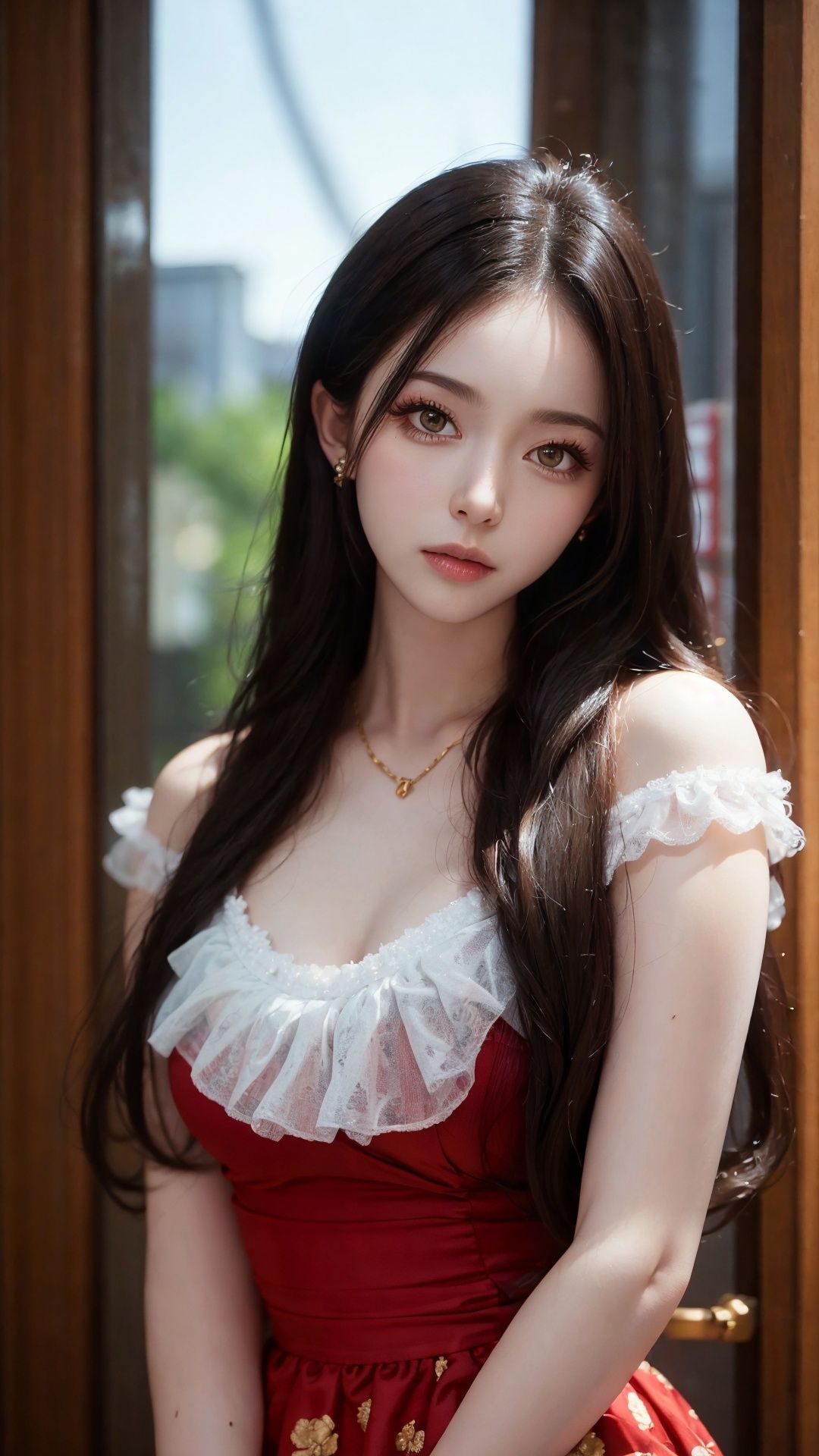 (masterpiece,best quality, ultra realistic,),  looking at viewer,  closed mouth, lips, 1girl, solo, long hair, black hair, portrait, lady, brown eyes,((tutuzz)),  <lora:tutuzz:0.75>