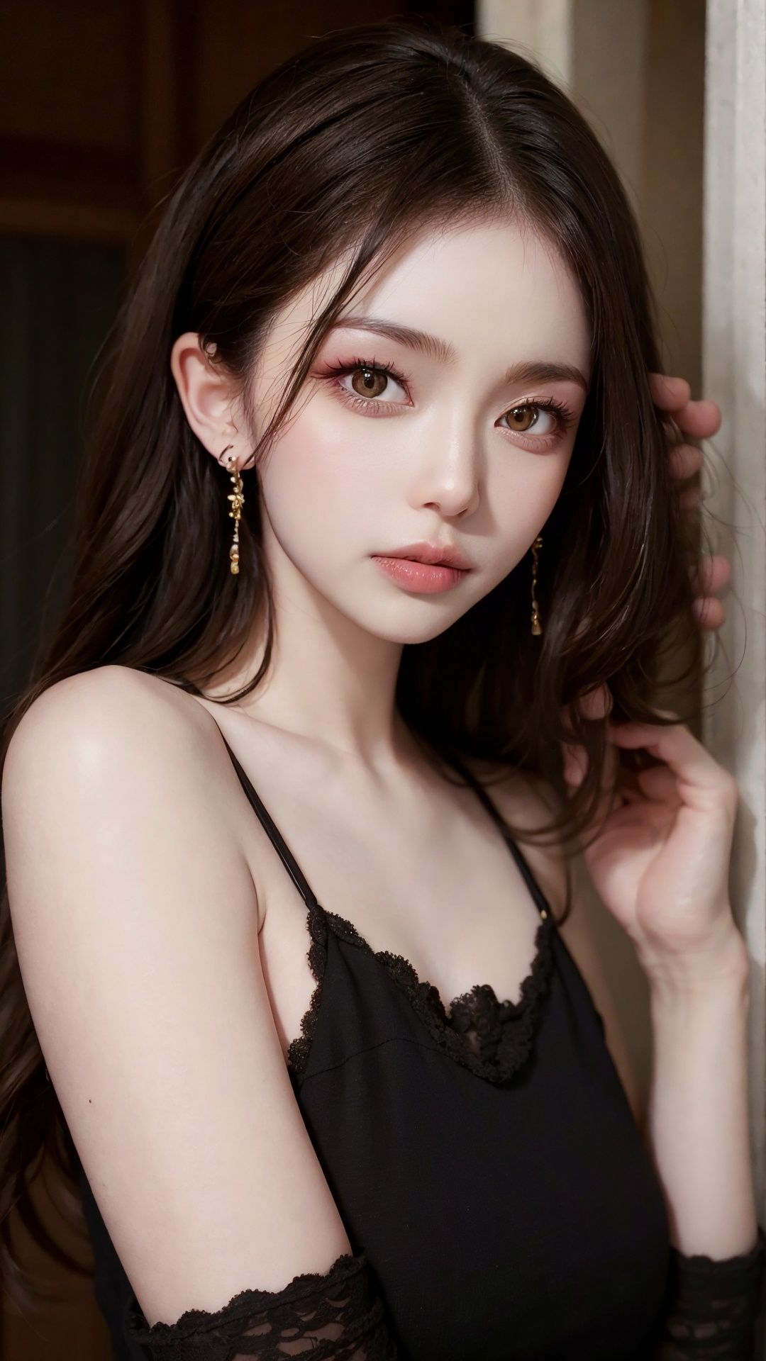 (masterpiece,best quality, ultra realistic,),  looking at viewer,  closed mouth, lips, 1girl, solo, long hair, black hair, portrait, lady, brown eyes,((tutuzz)),  <lora:tutuzz:0.75>