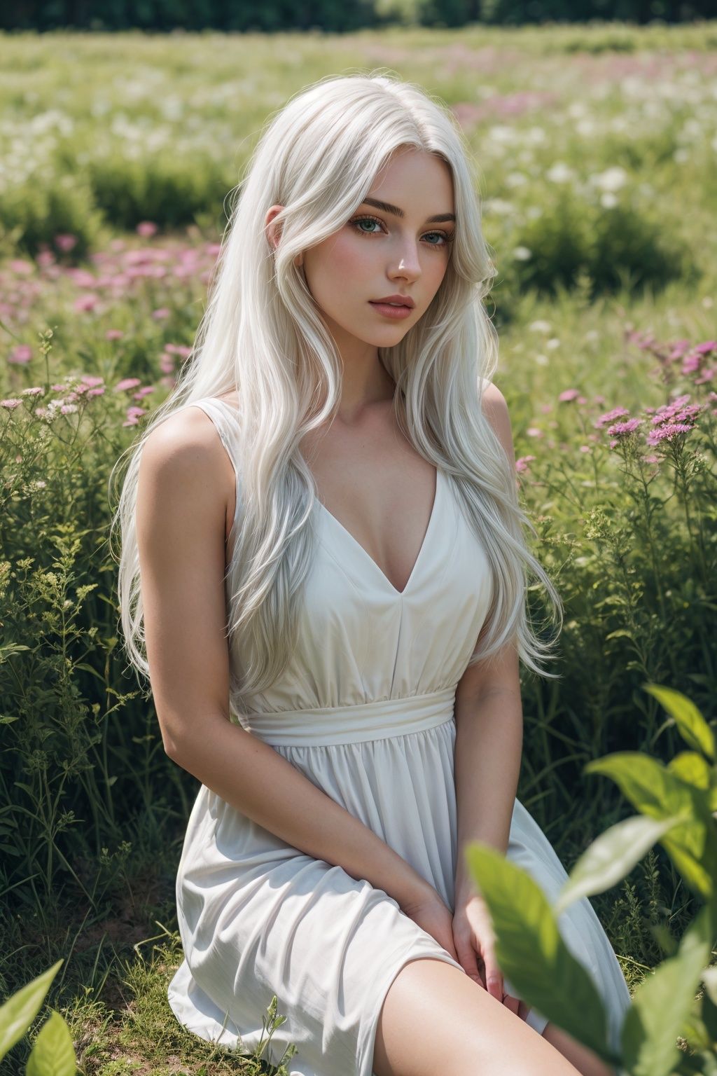 1girl with long white hair sitting in a field of green plants and flowers,  her hand under her chin,  warm lighting by Rie...