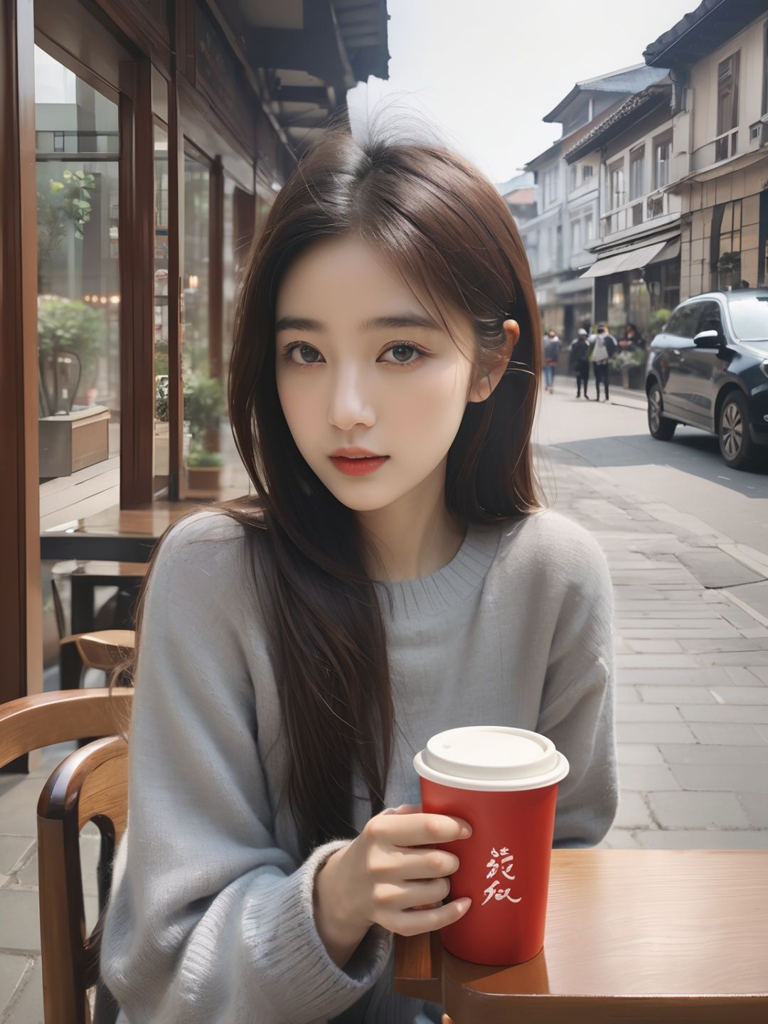 (original photo , Best Quality),(Realistic, Photorealistic:1.3),xiaoyi,a girl sitting in a cafe drinking coffee,looking through the glass at the pedestrians in the street,the cup reads:"xiaoyi",<lora:xiaoyi-XL (1):1>