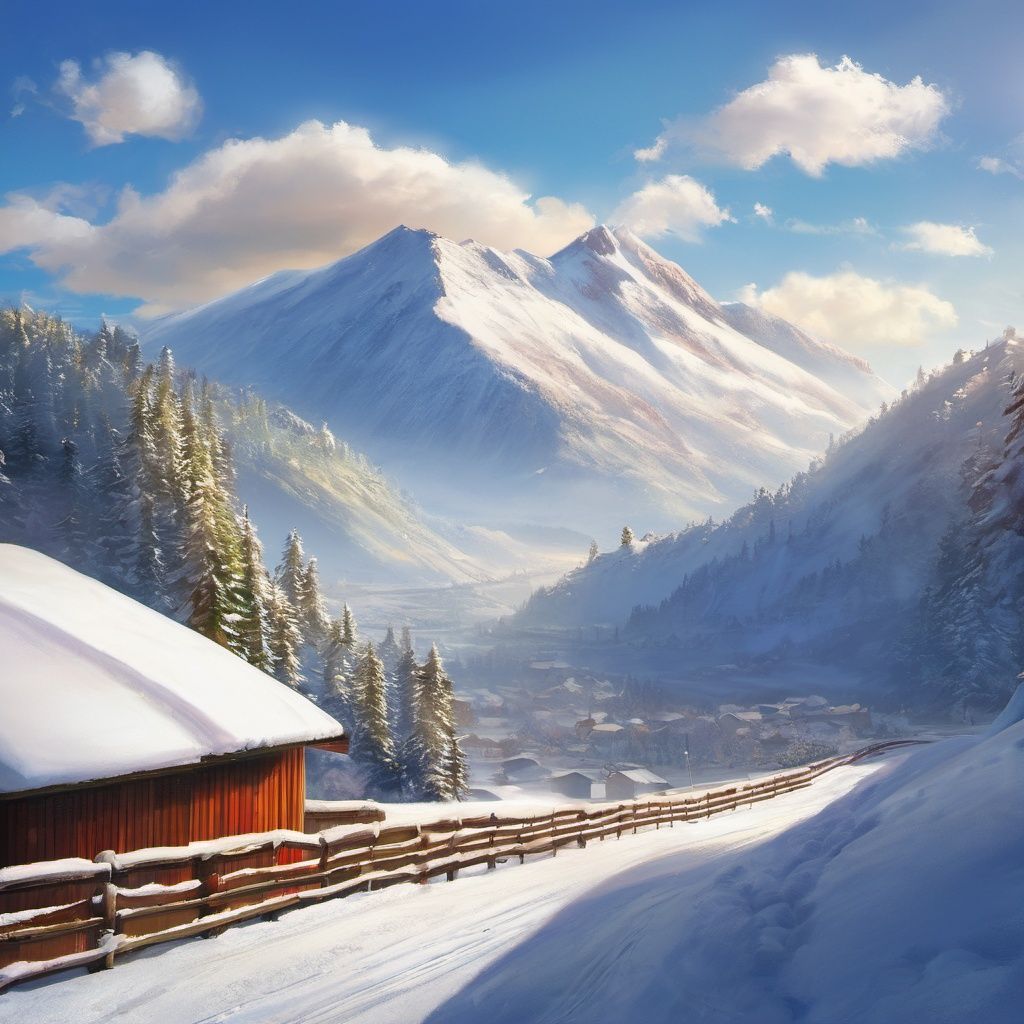 (best quality, masterpiece), Nayuta LostRuins, letterboxed, scenery, snow, sky, cloud, outdoors, day, no humans, blue sky, mountain, sunlight
