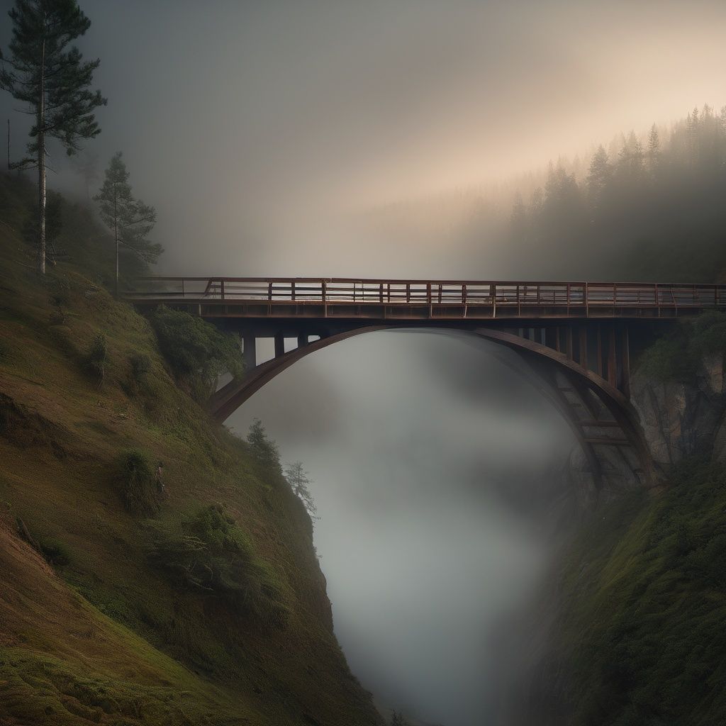 (best quality, masterpiece),Nayuta LostRuins, scenery, no humans, fog, outdoors, bridge, building, smoke