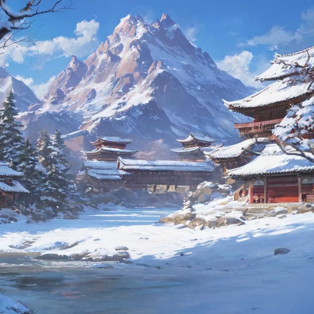 (best quality, masterpiece), Nayuta LostRuins, traditional media, scenery, tree, outdoors, snow