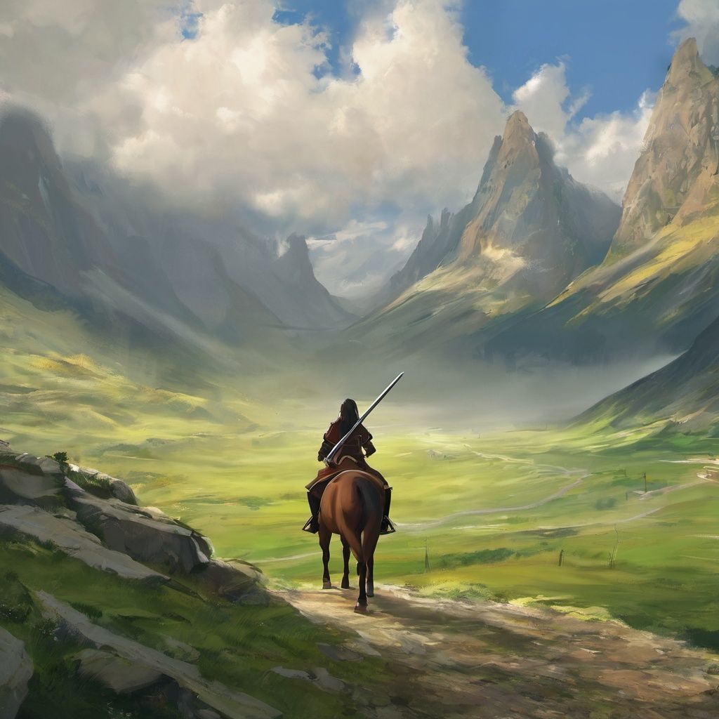 (best quality, masterpiece), Nayuta LostRuins, scenery, outdoors, grass, weapon, day, sky, cloud, standing, sword, horse, mountain, multiple others, holding, from behind, ambiguous gender, 1other