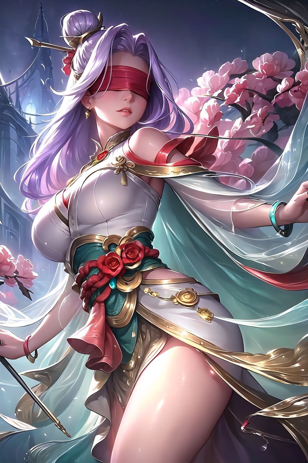 1girl, solo, long hair, breast, big breast, bangs, hair ornament, dress, bare shoulder, jewelery, purple hair, white hair, multicolored hair, shiny hair, bracelet, parted bangs, sash, single hair bun, blindfold, hair stick, pharsaml, arms_crossed, <lora:EMS-20745-EMS:0.8>