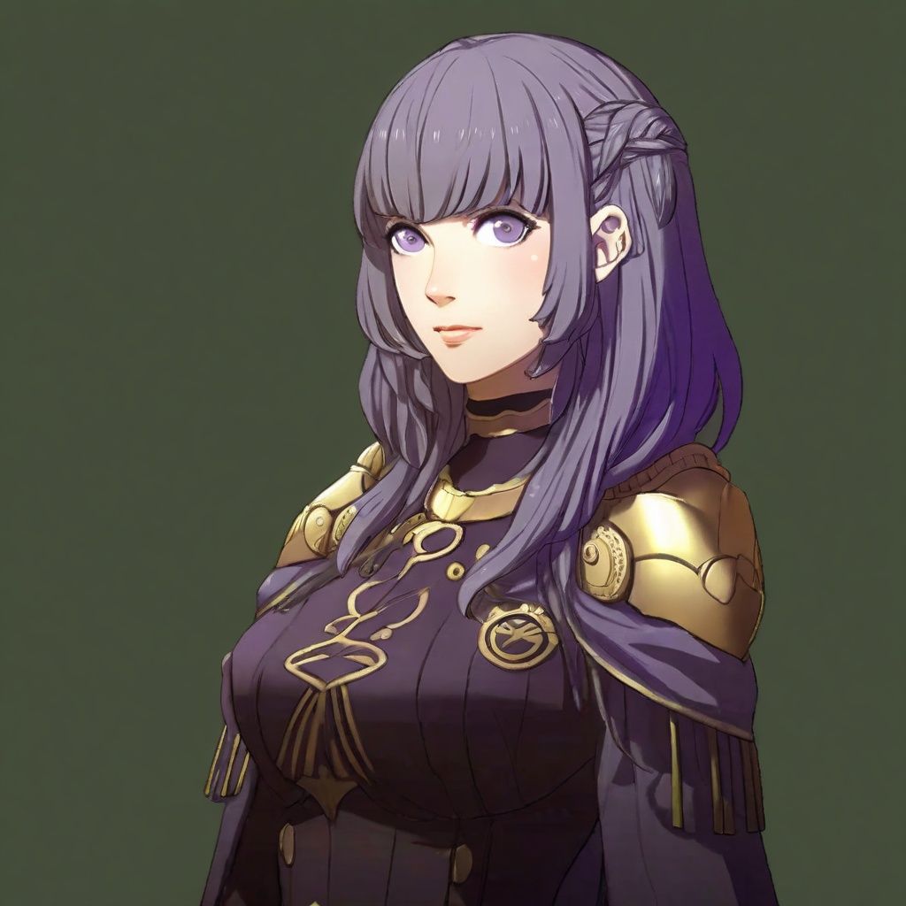 A portrait of a Fire Emblem girl with a simple green background,  She has purple straight hair with bangs and gray eyes,...