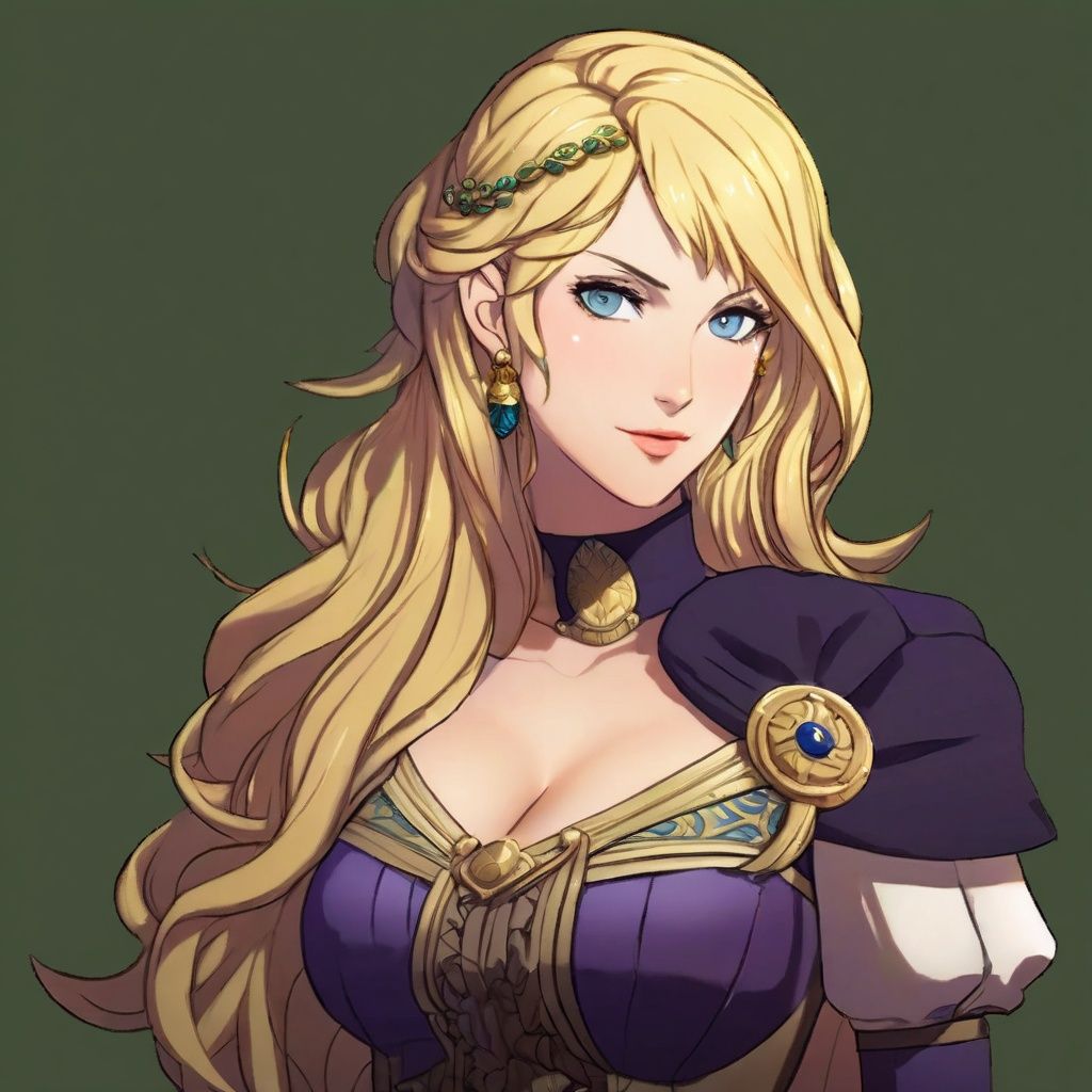 A portrait of a Fire Emblem girl with a simple green background,  She is blushing and aged up with blonde and purple strai...