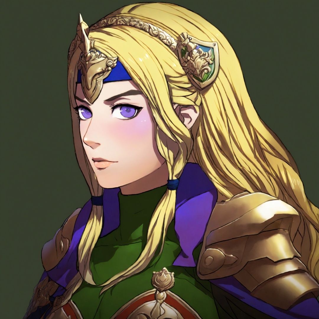A portrait of a Fire Emblem girl with a simple green background,  She is blushing and aged up with blonde and purple strai...