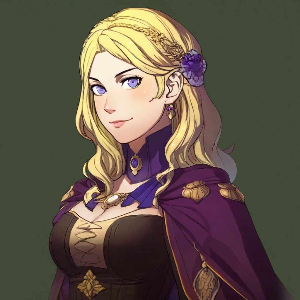 A portrait of a Fire Emblem girl with a simple green background,  She is blushing and aged up with blonde and purple strai...