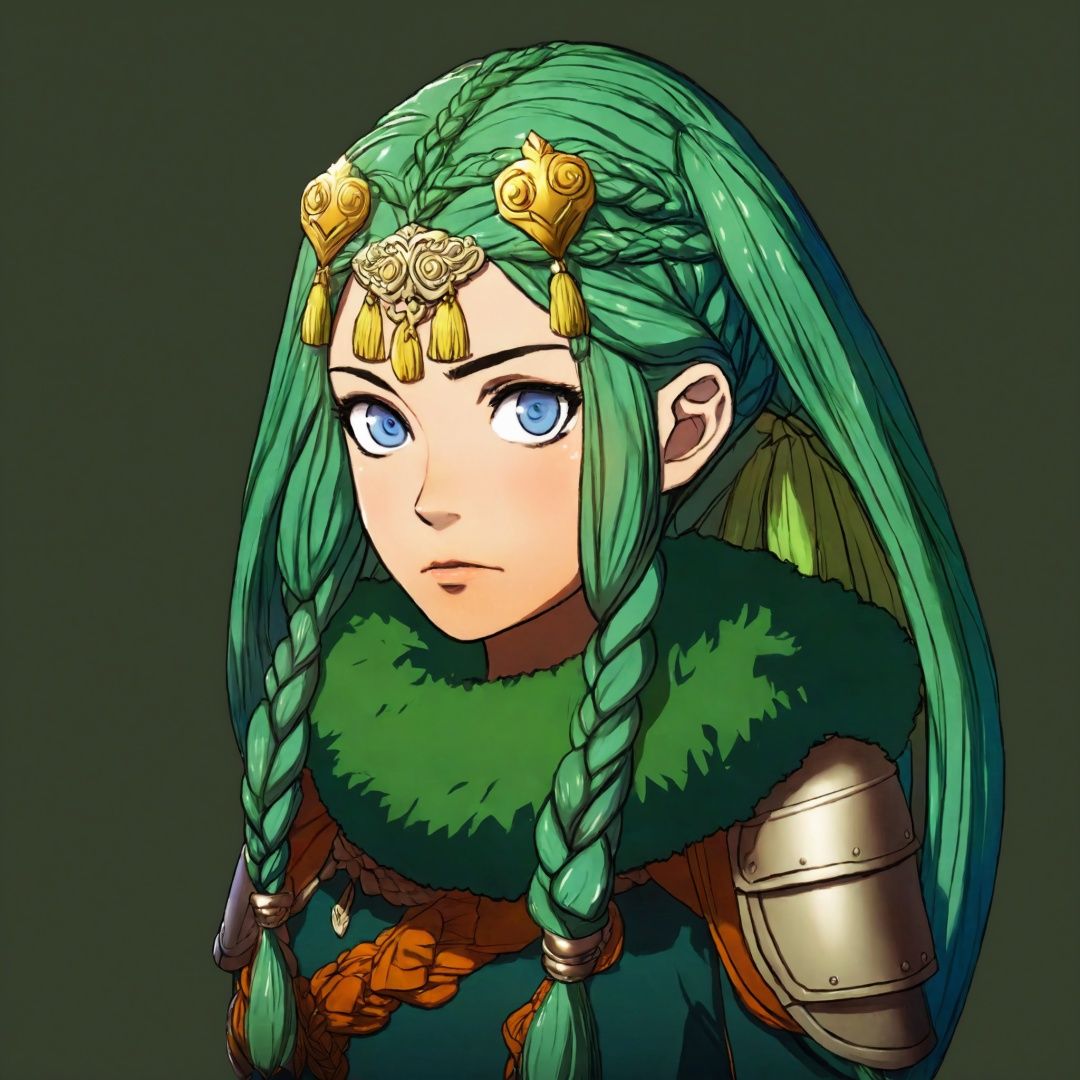 A portrait of a Fire Emblem girl with a simple green background,  She is angry and young with green twin tail braided hair...