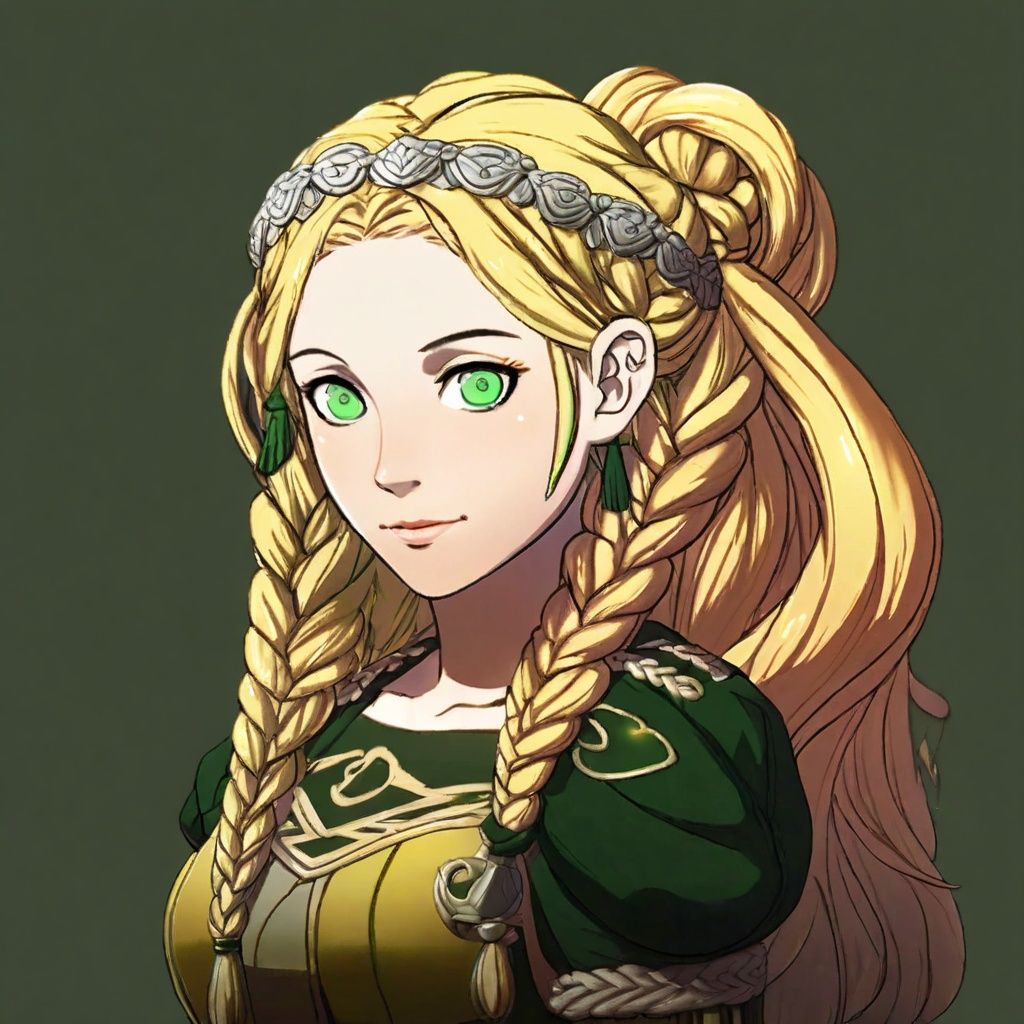 A portrait of a Fire Emblem girl with a simple green background,  She has Blonde braided hair and green eyes,  embodies su...
