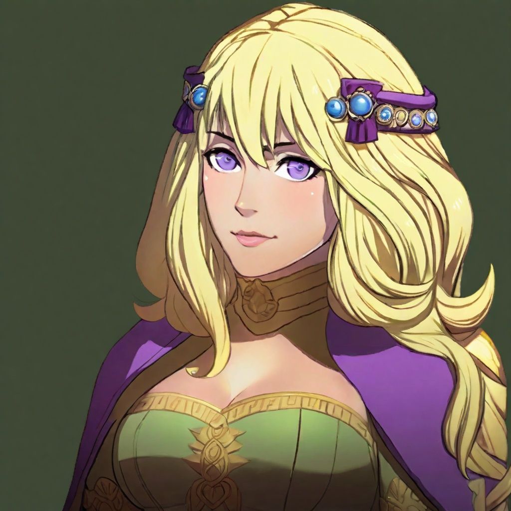 A portrait of a Fire Emblem girl with a simple green background,  She is blushing and aged up with blonde and purple strai...