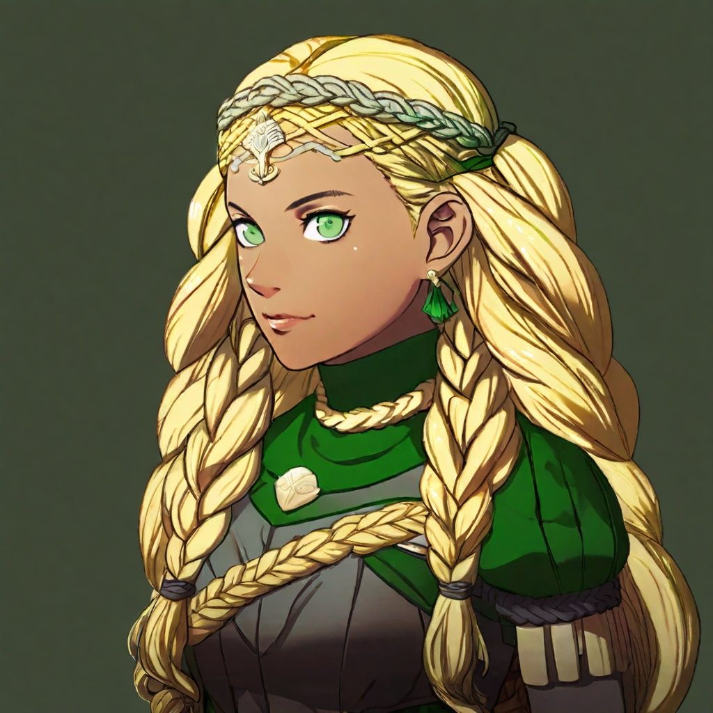 A portrait of a Fire Emblem girl with a simple green background,  She has Blonde braided hair and green eyes,  embodies su...