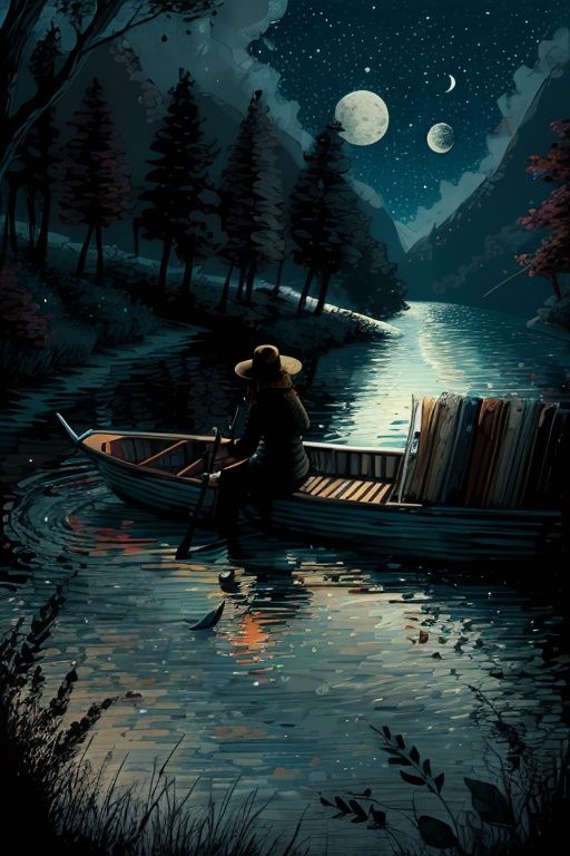 a painting of woman on a boat in the lake and a full moon in the sky above ,  ultra detailed brush stroke xjrex by aL on T...