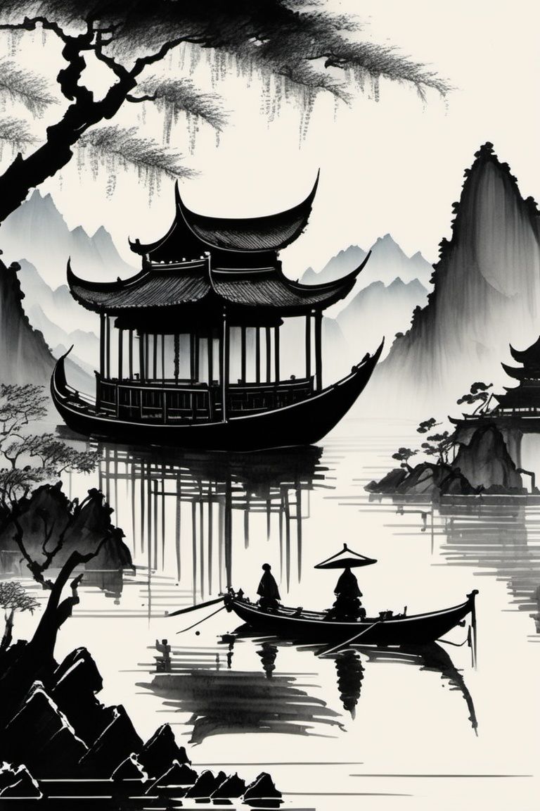 chinese ink drawing,  watercraft,  boat by Goofy Ai on Tensor.Art