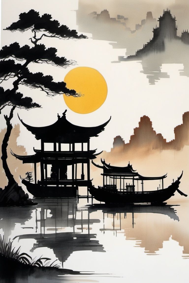 chinese ink drawing,  no humans,  architecture by Goofy Ai on Tensor.Art