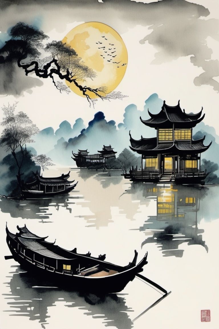 chinese ink drawing,  no humans,  architecture by Goofy Ai on Tensor.Art