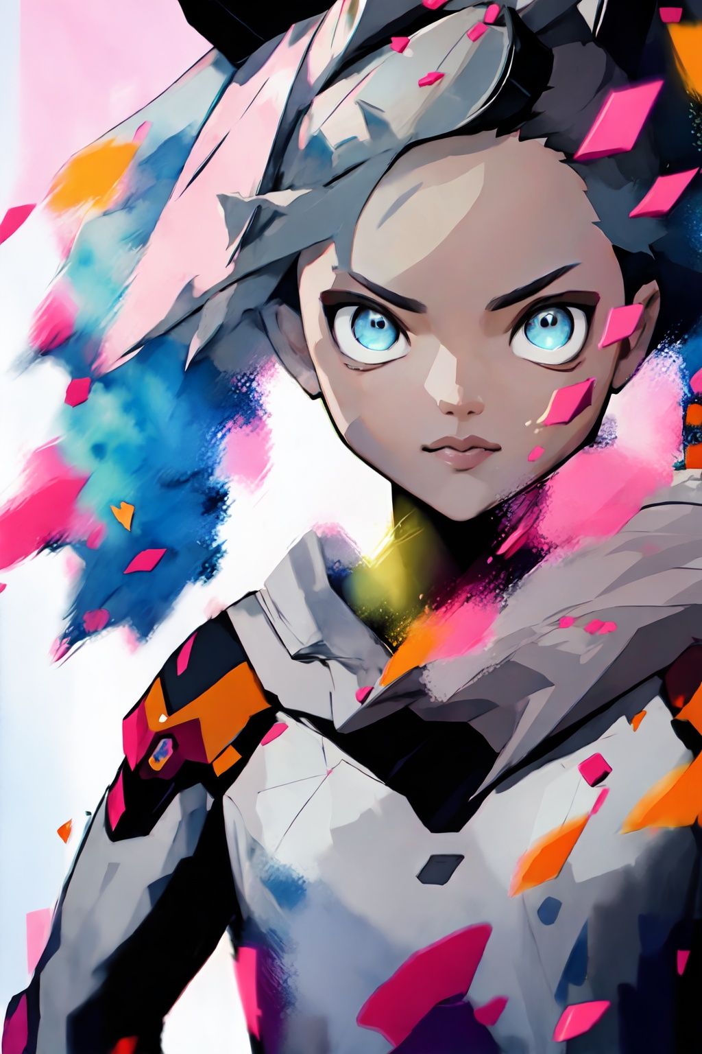 style of Marc Silvestri, serious, a girl, hoody on, posing, blue eyes, red hair, upper body, depth of field, tracers, vfx, line waves, white background, fluttering petals, ultradetailed background, intricate details, pastel color, poster, Illustration, Character Design, Watercolor, Ink, thematic background, ambient enviroment, epic,modernstyle
