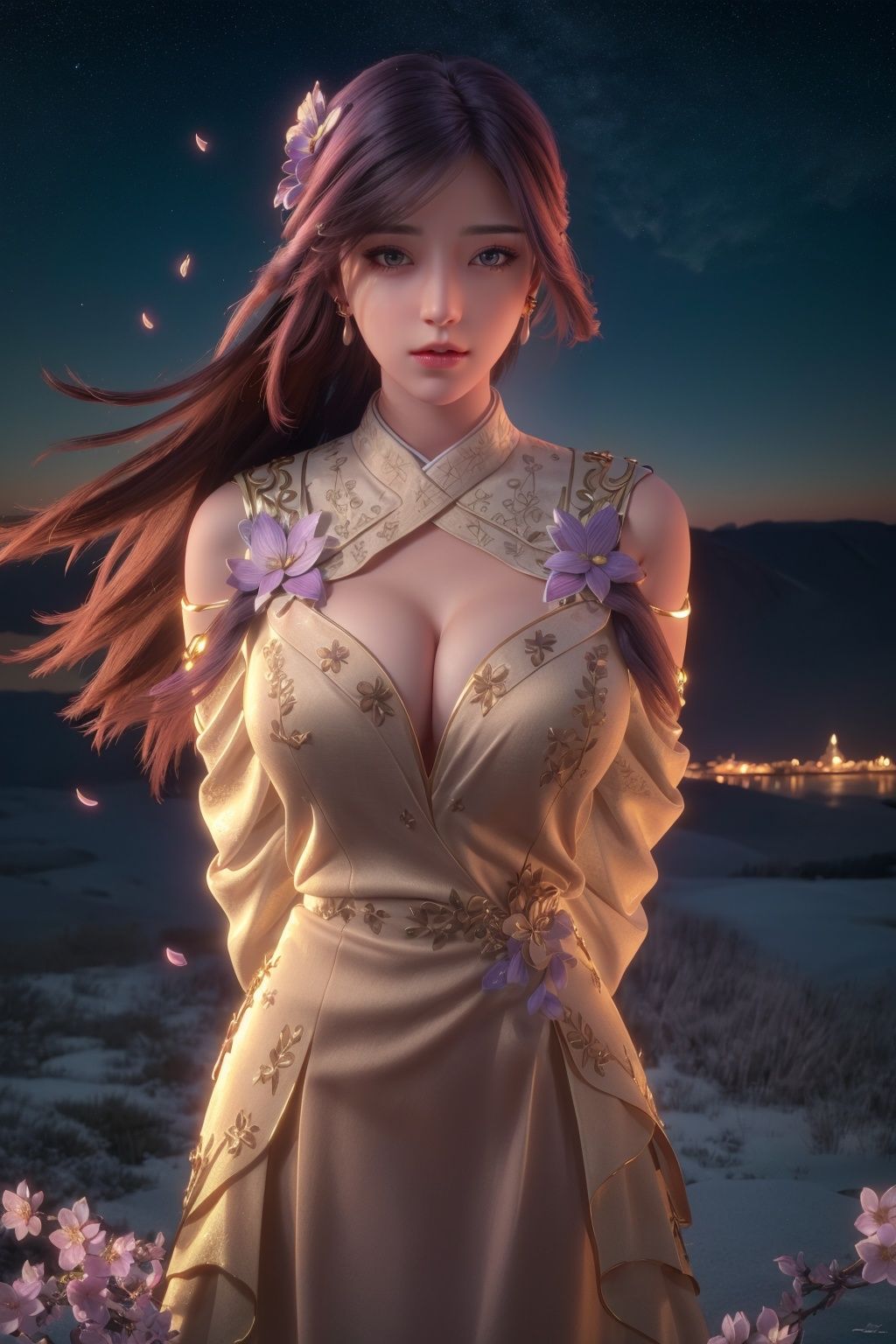 (8k, RAW photo, best quality, masterpiece:1.2),solo,pov,(super realistic, photo-realistic:1.3), ultra-detailed, extremely detailed cg 8k wallpaper,hatching (texture),skin gloss,light persona,braid, clothing cutout, cleavage cutout,(crystalstexture skin:1.2), (extremely delicate and beautiful), movie theater, film grain,cinematic lighting,feathered ,reflection light,beautiful detailed water,beautiful detailed sky,(cherry blossoms, cloud, looking at viewer, night, night sky, starry sky, star sky, sky, rose petals, petals, outdoors),1girl,(arms behind back:1.4),long_hair, solo, very_long_hair,bare_shoulders,purple dress,purple hair,  long dress,hair ornament,(full shot), (breasts,medium_breasts, cleavage:1.2),looking_at_viewer,yx-hd,<lora:GoodHands-vanilla:1> ,<lora:89yx-000016:0.8>