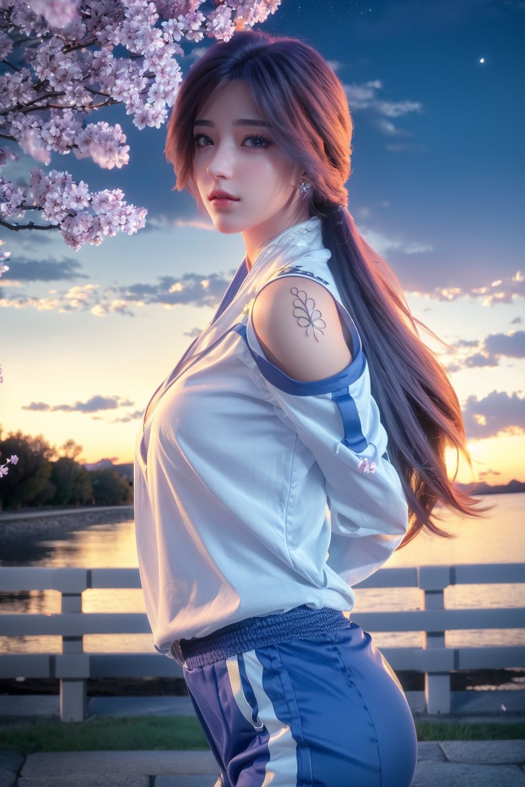 (8k, RAW photo, best quality, masterpiece:1.2),solo,pov,(super realistic, photo-realistic:1.3), ultra-detailed, extremely detailed cg 8k wallpaper,hatching (texture),skin gloss,light persona,braid, clothing cutout, cleavage cutout,(crystalstexture skin:1.2), (extremely delicate and beautiful), movie theater, film grain,cinematic lighting,feathered ,reflection light,beautiful detailed water,beautiful detailed sky,(cherry blossoms, cloud, looking at viewer, night, night sky, starry sky, star sky, sky, rose petals, petals, outdoors),1girl,arms behind back,long_hair, solo, very_long_hair,bare_shoulders,hair ornament,pov,blue pants,track pants,track suit,white shirt,(full shot), looking_at_viewer,yx-hd,1lsxf-hd,<lora:GoodHands-vanilla:1> , <lora:89yx:0.8>, <lora:83lsxf:0.7>
