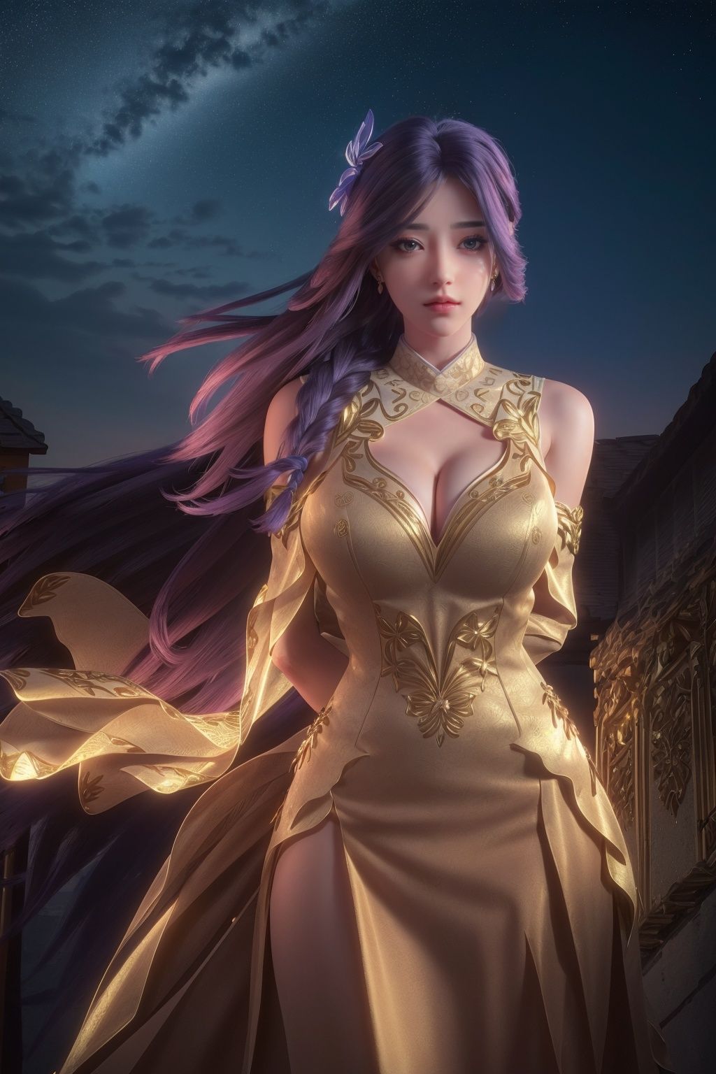(8k, RAW photo, best quality, masterpiece:1.2),solo,pov,(super realistic, photo-realistic:1.3), ultra-detailed, extremely detailed cg 8k wallpaper,hatching (texture),skin gloss,light persona,braid, clothing cutout, cleavage cutout,(crystalstexture skin:1.2), (extremely delicate and beautiful), purple dress,purple hair,  long dress,hair ornament, night sky, neon lights, no humans, rooftop, night, sky, starry sky, star sky, stage,((( outdoors,  sky, building, )))1girl,(arms behind back:1.4),long_hair, solo, very_long_hair,bare_shoulders,(full shot), (breasts,medium_breasts, cleavage:1.2),looking_at_viewer,yx-hd,<lora:GoodHands-vanilla:1> ,<lora:89yx:0.86>