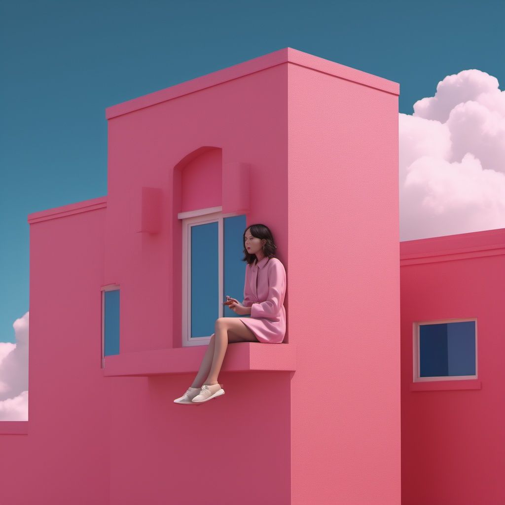 <lora:secai-surenjike:0.4>,Wes Anderson,a girl sitting on the edge of a Jade building,in the style of rendered in cinema4d,hallyu,conceptual playlists,bright sculptures,seaside scenes,animated gifs,contemporary candy-coateded pigment,dark blue sky, cloudless seaside,