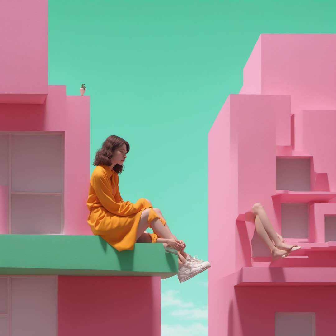 <lora:secai-surenjike:0.4>,Wes Anderson,a girl sitting on the edge of a Jade building, in the style of rendered in cinema4d, hallyu, conceptual playlists, bright sculptures, seaside scenes, animated gifs, contemporary candy-coateded pigment,
