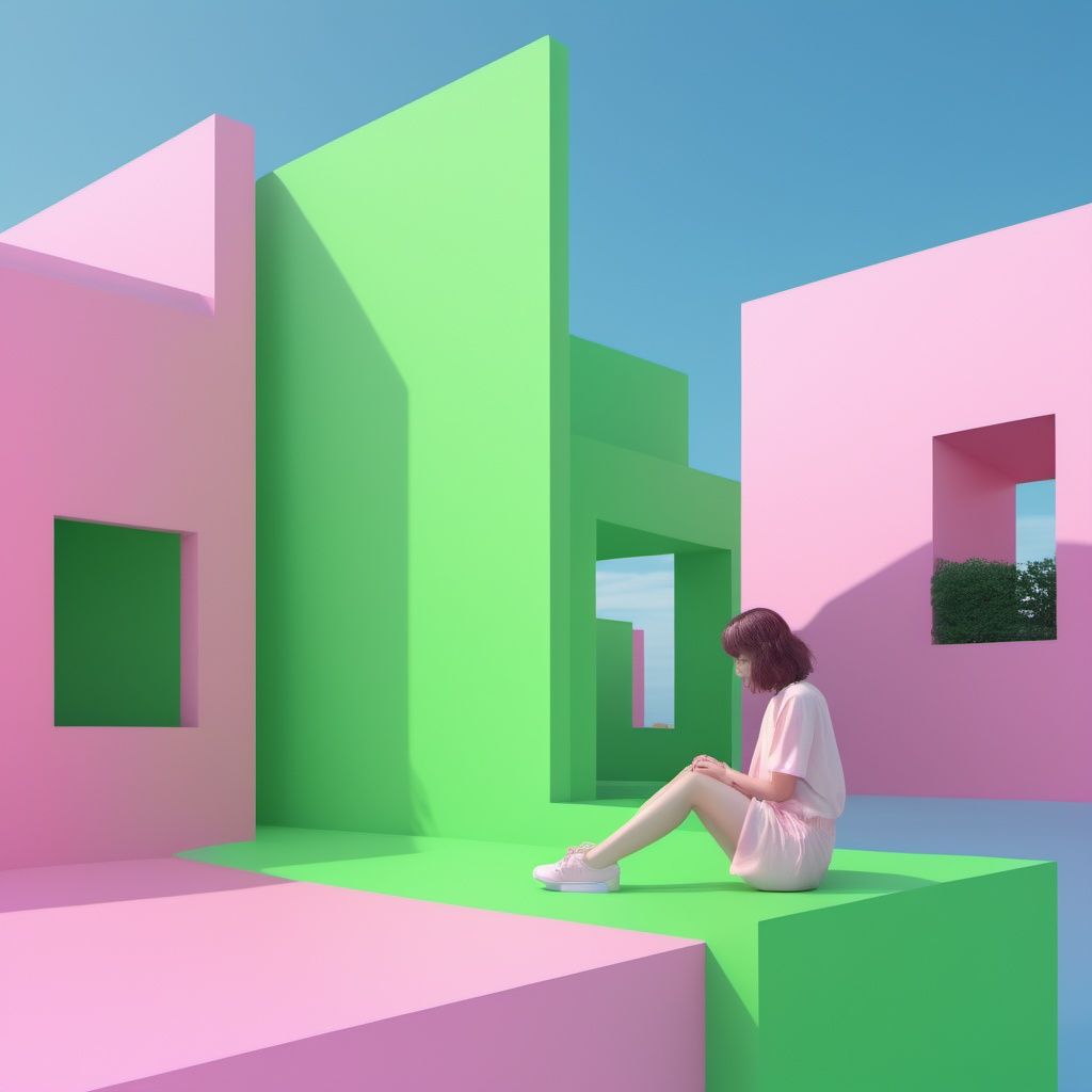 <lora:secai-surenjike:0.4>，a girl sitting on the edge of a green building, in the style of rendered in cinema4d, hallyu, conceptual playlists, bright sculptures, seaside scenes, animated gifs, contemporary candy-coated 