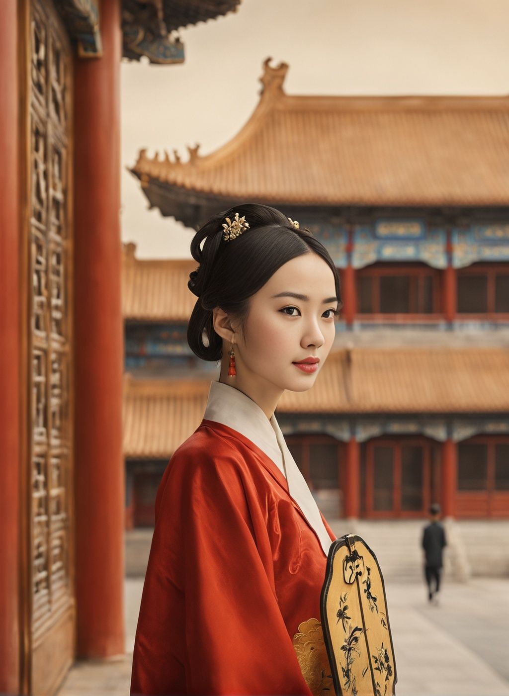 best quality,masterpiece,realistic,1girl, (close up:1.3),half body,blurry, depth_of_field, blurry_background, building, Chinese style pavilion，blurry_foreground, east_asian_architecture, architecture, city,<lora:zijincheng:0.6>