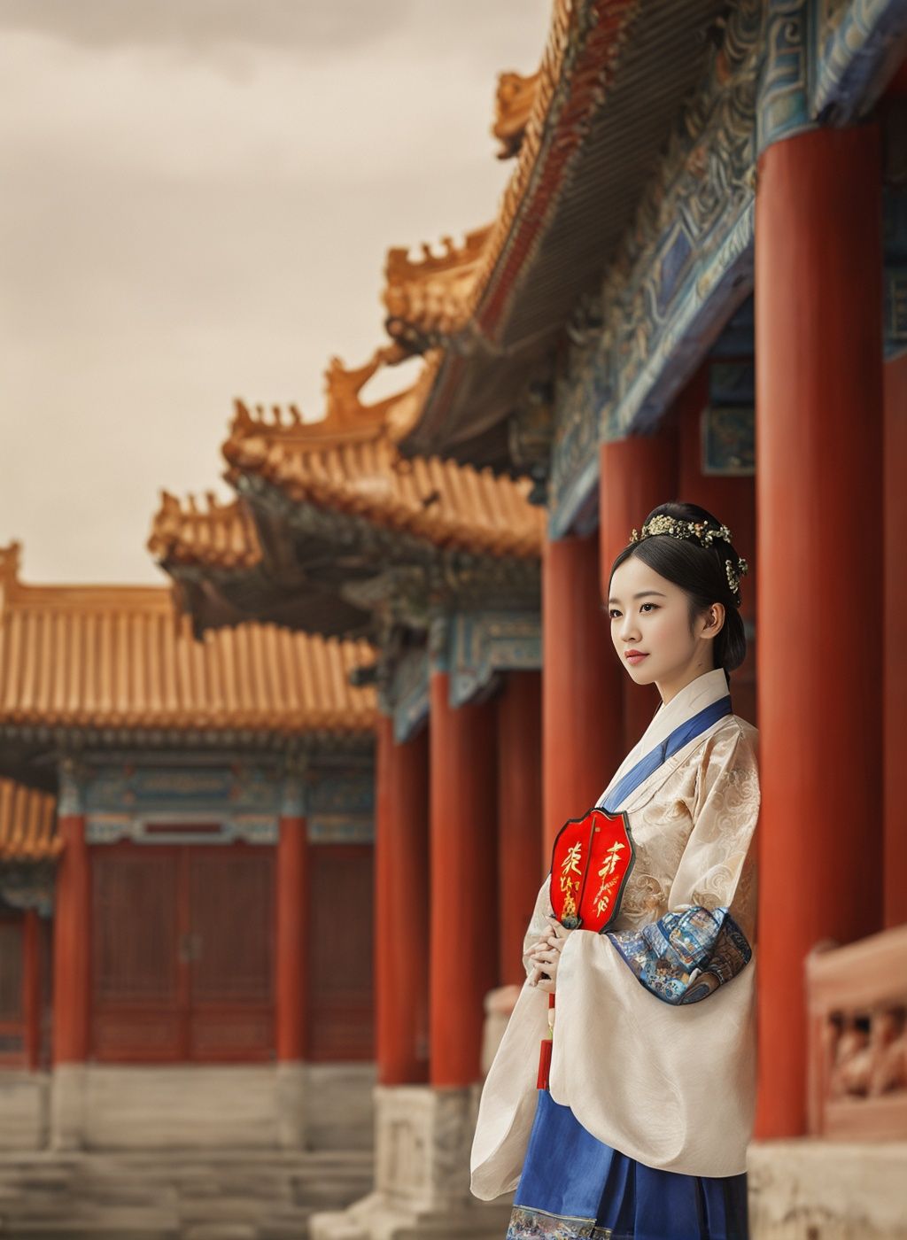 best quality,masterpiece,realistic,1girl, (close up:1.3),half body,blurry, depth_of_field, blurry_background, building, Chinese style pavilion，blurry_foreground, east_asian_architecture, architecture, city,<lora:zijincheng:0.6>