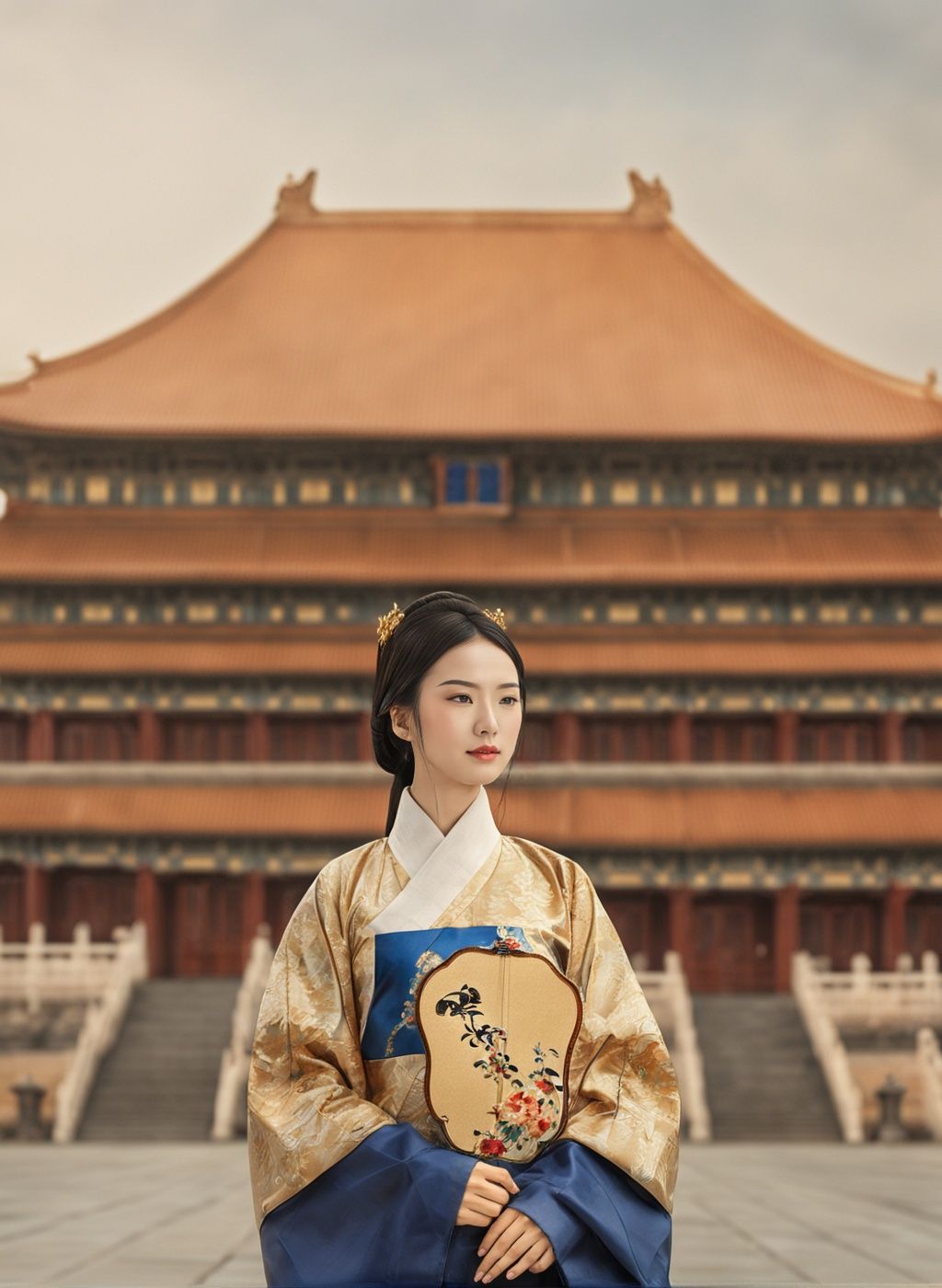 best quality,masterpiece,realistic,1girl，blurry, depth_of_field, blurry_background, building, blurry_foreground, east_asian_architecture, architecture, (upper body:1.2),city, 3d, solo, outdoors, cityscape, skyscraper, day, pagoda，<lora:zijincheng:0.6>