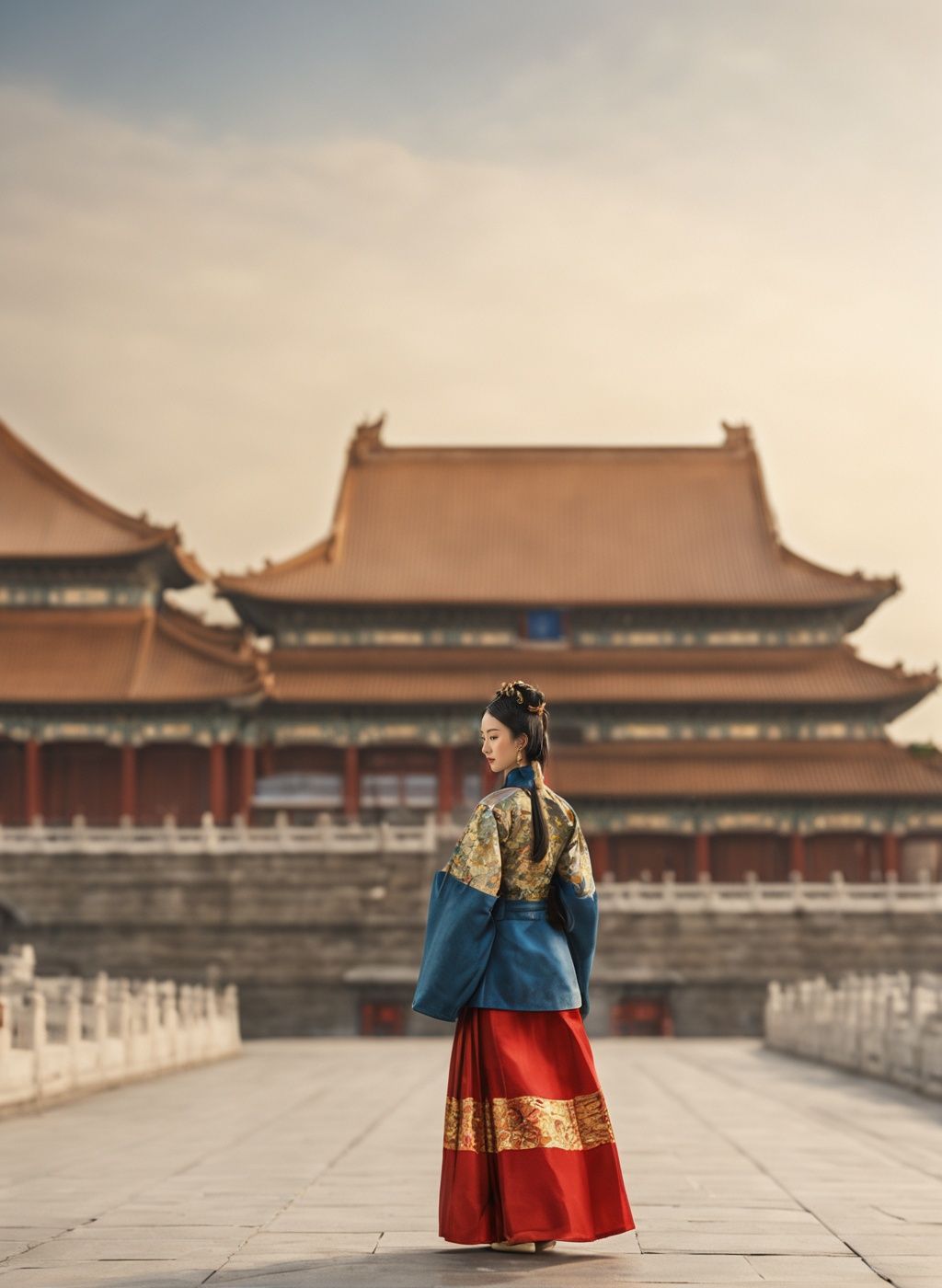best quality,masterpiece,realistic,1girl，blurry, depth_of_field, blurry_background, building, blurry_foreground, east_asian_architecture, architecture, city, photo_background, photo_\(medium\), sky, 3d, solo, outdoors, cityscape, skyscraper, day, pagoda，<lora:zijincheng:0.6>